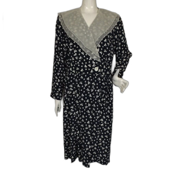 LESLIE FAY Dress, 10, Navy Blue/Bow Print, Sheer layered Collar, Wrap Front - Picture 2 of 14